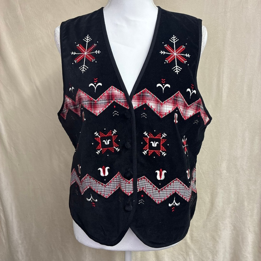 Vintage 90s Stephanie K Koret Holiday Vest Velvet‎ Embroidered Snowflake M